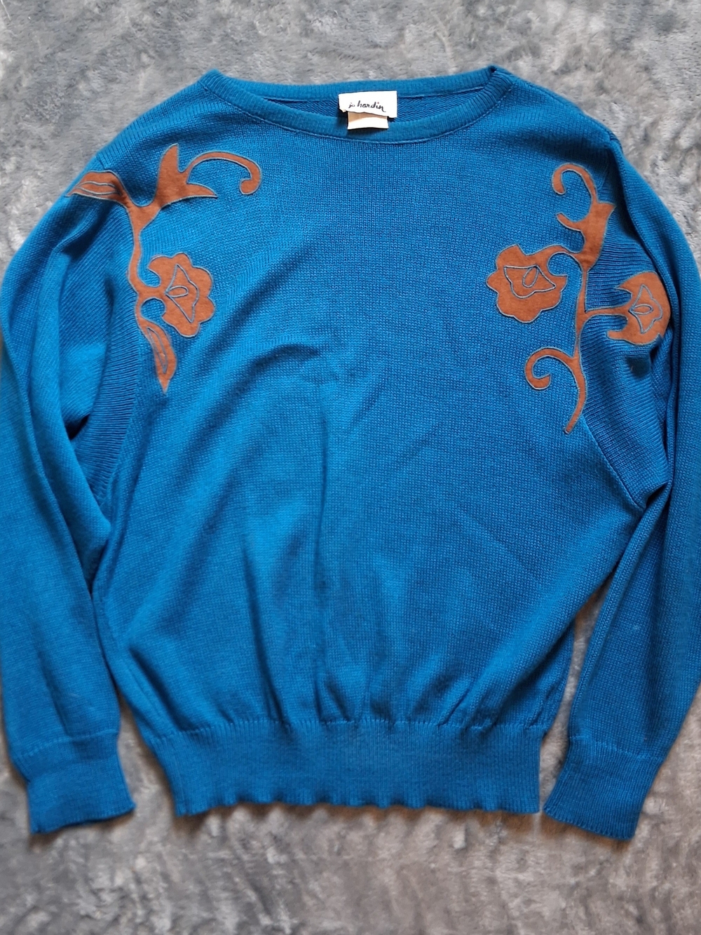 Vintage, Y2K, Blue Floral Jo Hardin Suede Floral Appliqué Crewneck Sweater Med